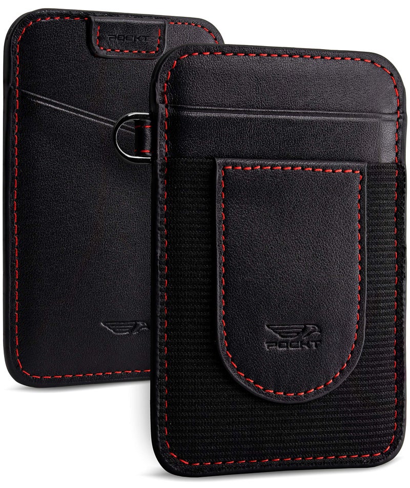 POCKT Card Holder Wallet For Men and Women - Slim Minimalist Front Pocket Wallet Elastic Credit Card Holder Genuine Leather RFID Blocking Card Case Wallets | Black Red - Image 1